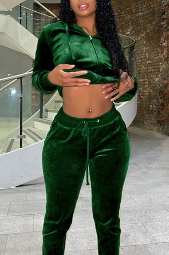Ink Green Casual Solid Patchwork Hooded Collar Long Sleeve Two Pieces