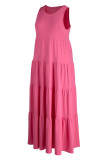 Розово-красное модное повседневное однотонное базовое платье большого размера с круглым вырезом и жилетом больших размеров