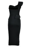イエローファッションセクシーなソリッドパッチワーク背中の開いたスリットワンショルダーノースリーブドレス