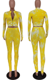 Colarinho amarelo moda patchwork tie-dye com zíper manga longa duas peças