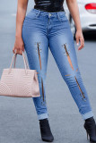 Ljusblå Street Solid urholkat Patchwork Metalltillbehör Dekoration Jeans med hög midja