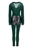 Green Fashion Sexy Patchwork Sequins See-through V Neck Skinny Jumpsuits