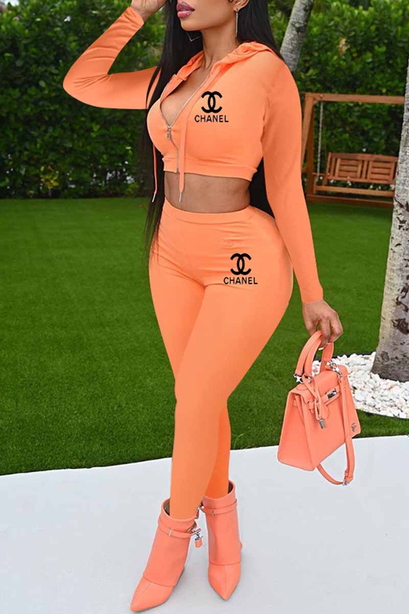 

Orange Fashion Casual Print Letter Hooded Collar Long Sleeve Two Pieces