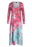 Pink Fashion Casual Print Patchwork V Neck Long Sleeve Dresses