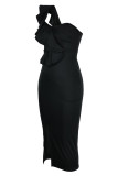 ローズレッドファッションセクシーなソリッドパッチワーク背中の開いたスリットワンショルダーノースリーブドレス