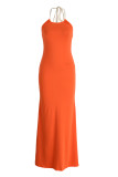Оранжево-красное модное сексуальное однотонное длинное платье с открытой спиной и лямкой на шее