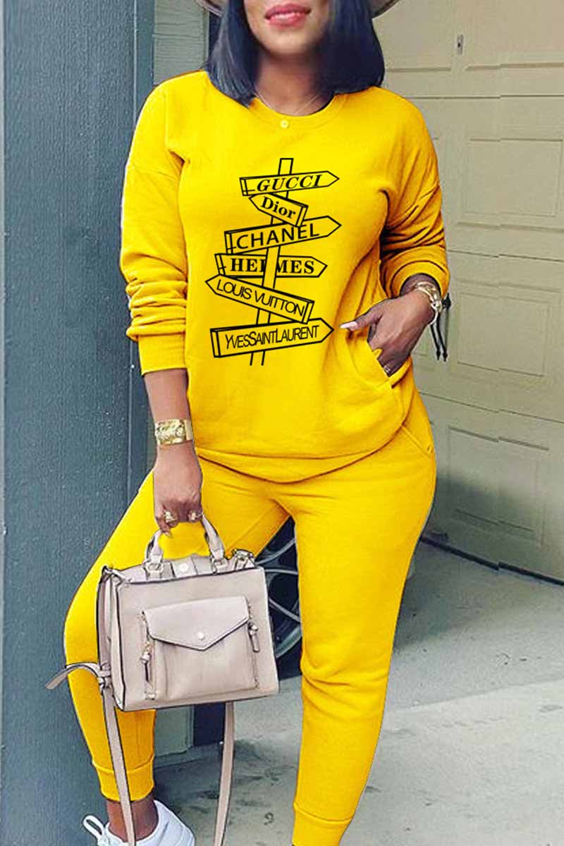 

Yellow Fashion Casual Print Letter O Neck Long Sleeve Two Pieces