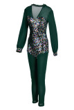 Macacão skinny verde moda sexy patchwork lantejoulas transparentes com decote em V
