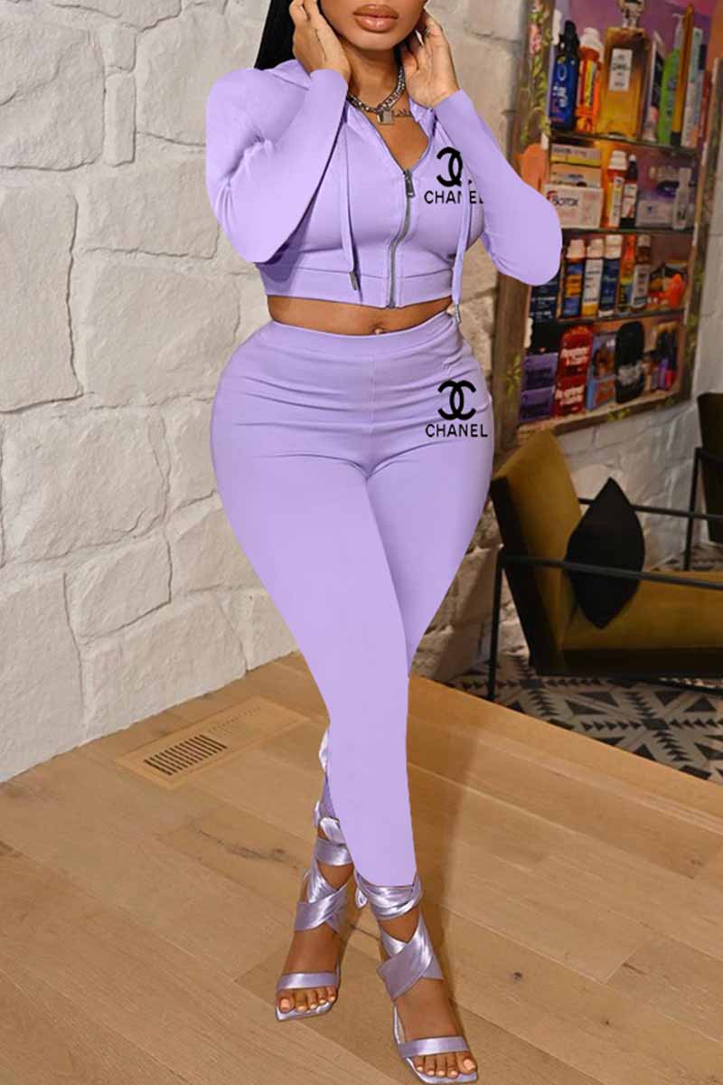 

Purple Fashion Casual Print Letter Hooded Collar Long Sleeve Two Pieces