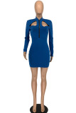 Blue Sexy Solid Hollowed Out Patchwork Zipper Collar Pencil Skirt Dresses