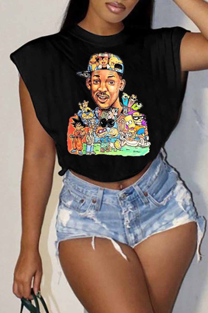 

Black Fashion Street Character Print Patchwork O Neck T-Shirts