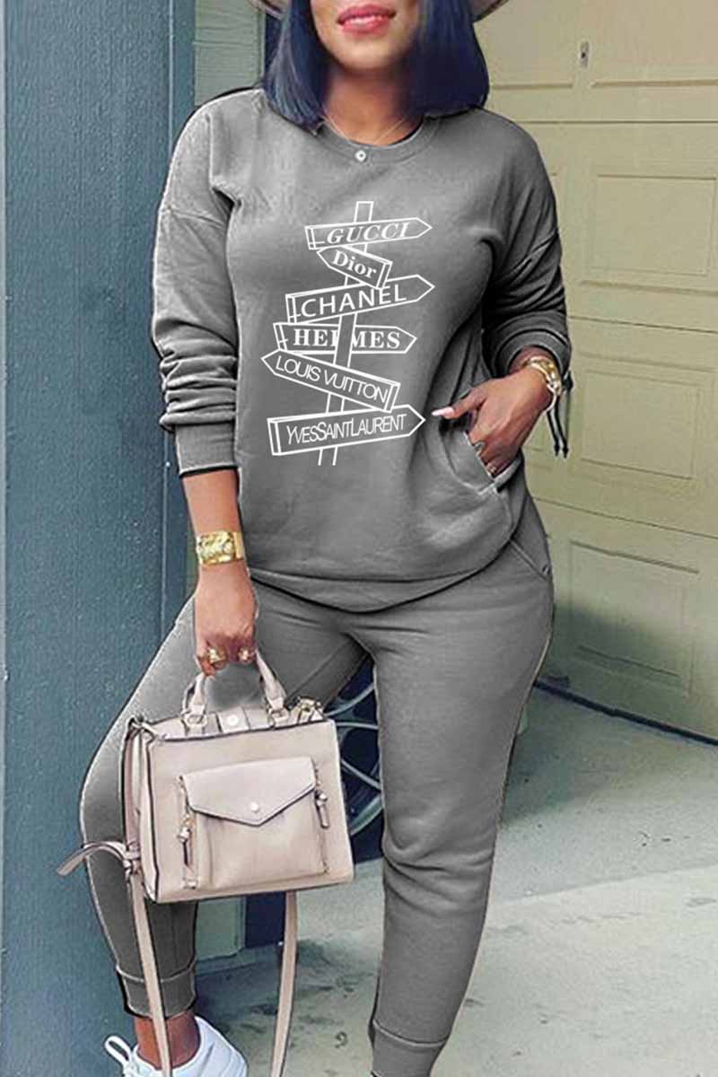 

Dark Gray Fashion Casual Print Letter O Neck Long Sleeve Two Pieces