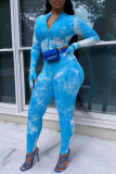 Azul Moda Patchwork Tie-dye Cremallera Cuello Manga Larga Dos Piezas