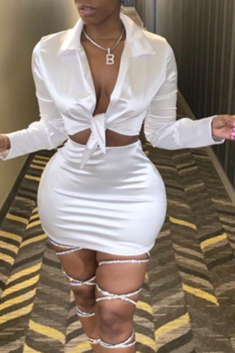 White Sexy Solid Patchwork Turndown Collar Long Sleeve Two Pieces
