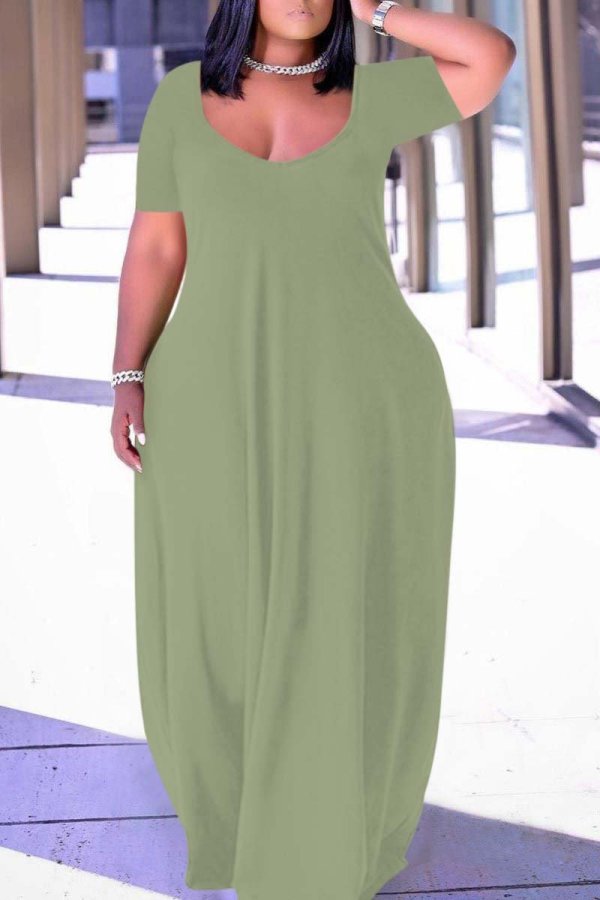Ljusgrönt mode Casual Plus Size Solid Patchwork V-ringad kortärmad klänning