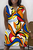 オレンジ ブルー ファッション カジュアル プリント パッチワーク V ネック ノースリーブ プラス サイズ ドレス