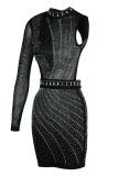 Черное модное сексуальное лоскутное платье с горячим бурением с открытой спиной и круглым вырезом