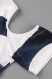 Camisetas con cuello en O ahuecadas con estampado informal de moda azul profundo