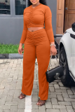 Оранжевый Модные Однотонные Складки с V-образным Вырезом С Длинным Рукавом Из Двух Частей