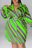 Зеленое повседневное платье-рубашка в стиле пэчворк с принтом и отложным воротником Платья больших размеров