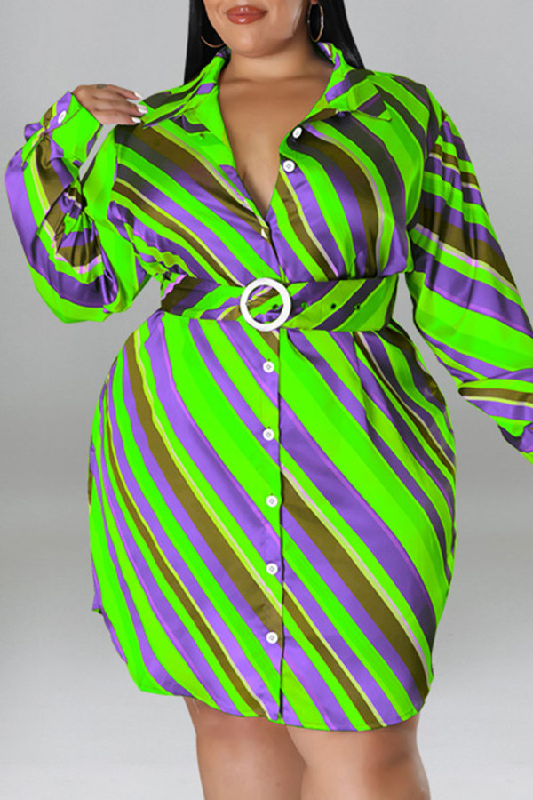 Grünes Casual Print Patchwork Buckle Umlegekragen Hemdkleid Plus Size Kleider
