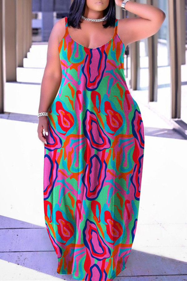 Multicolor Plus Size Fashion Sexy Casual Print Westen V-Ausschnitt bedrucktes Kleid Plus Size Kleider