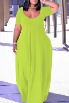 蛍光グリーンファッションカジュアルプラスサイズ無地パッチワークVネック半袖ドレス