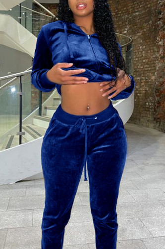 Deep Blue Casual Solid Patchwork Hooded Collar Long Sleeve Two Pieces