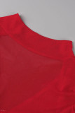 Red Fashion Sexy Patchwork Pailletten Durchsichtige Skinny Jumpsuits mit V-Ausschnitt