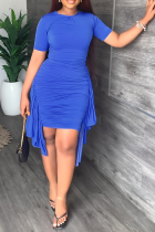 ロイヤル ブルー ファッション ソリッド フラウンス フォールド O ネック ペンシル スカート ドレス