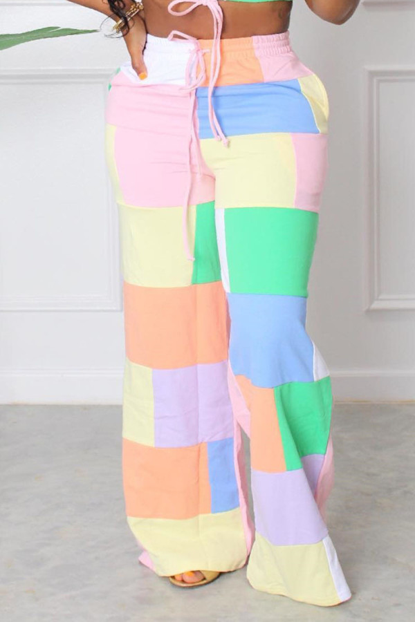 Roze casual patchwork-broek met hoge taille en rechte patchwork