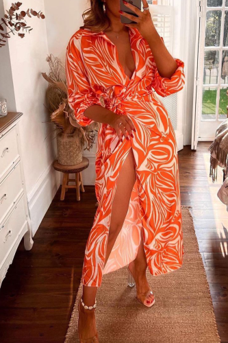 Tangerine Red Fashion Print Patchwork V Neck Waist Skirt Dresses