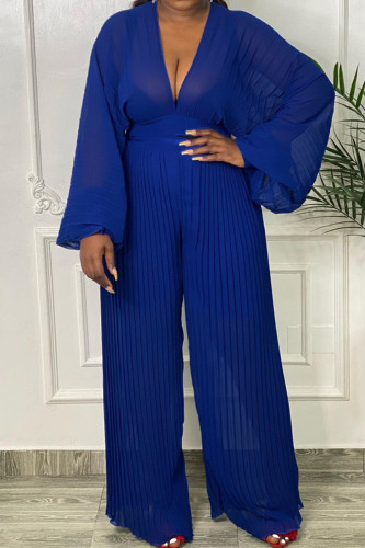 Blue Fashion Casual Solid Patchwork See-through V Neck Long Sleeve Two Pieces