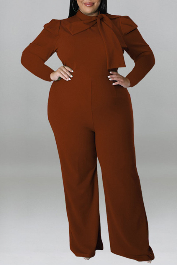 Brun Casual Solid Patchwork med rosett O Neck Plus Size Jumpsuits