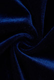 Vestidos de gola oblíqua azul sexy com fenda e broca quente