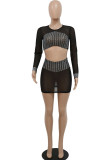 Black Sexy Solid Patchwork See-through Hot Drill O Neck Long Sleeve Two Pieces