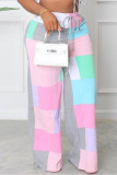 Roze casual patchwork-broek met hoge taille en rechte patchwork