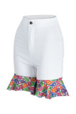 White Casual Print Patchwork Flounce High Waist Straight Patchwork Bottoms