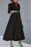 Black Casual Solid Patchwork Buckle Turndown Collar Dresses(Without Belt)