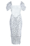ホワイトエレガントソリッドパッチワークスクエアカラーイブニングドレスドレス