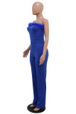 Blue Sexy Solid Patchwork Feathers Strapless Straight Jumpsuits