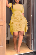 黄色のファッション無地フラウンス フォールド O ネック ペンシル スカート ドレス