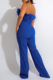 Blue Sexy Solid Patchwork Feathers Strapless Straight Jumpsuits