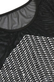 Черный сексуальный однотонный лоскутный прозрачный горячий сверло с круглым вырезом и длинными рукавами, две части