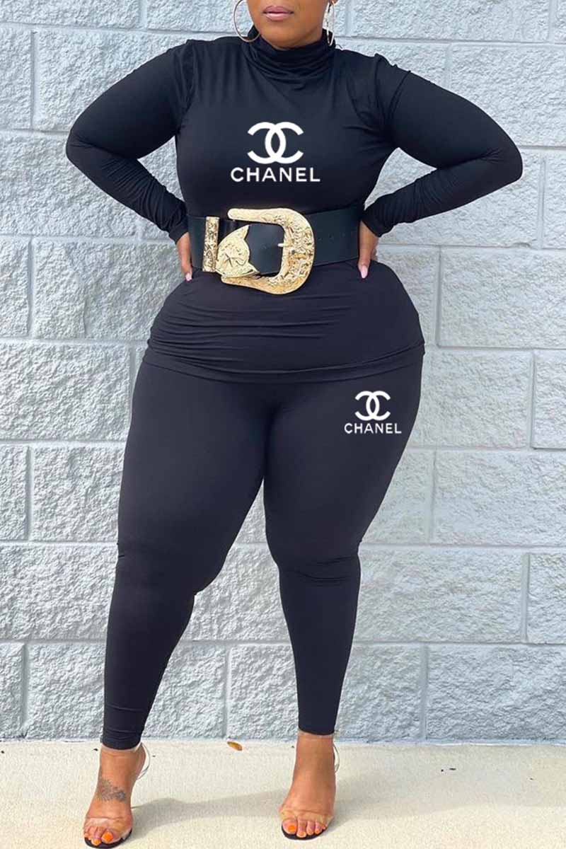 

Black Fashion Casual Print Letter Turtleneck Plus Size Two Pieces