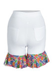 Pantalones de retazos rectos de cintura alta con volantes estampados informales blancos