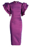 Púrpura elegante sólido patchwork o cuello vestido de noche Vestidos