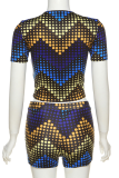 Blue Sexy Print Solid Patchwork O Neck Short Sleeve Two Pieces