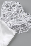 Weiße, elegante, solide Patchwork-Abendkleider mit quadratischem Kragen