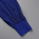 ブルーファッションカジュアルソリッドパッチワークシースルーVネック長袖ツーピース